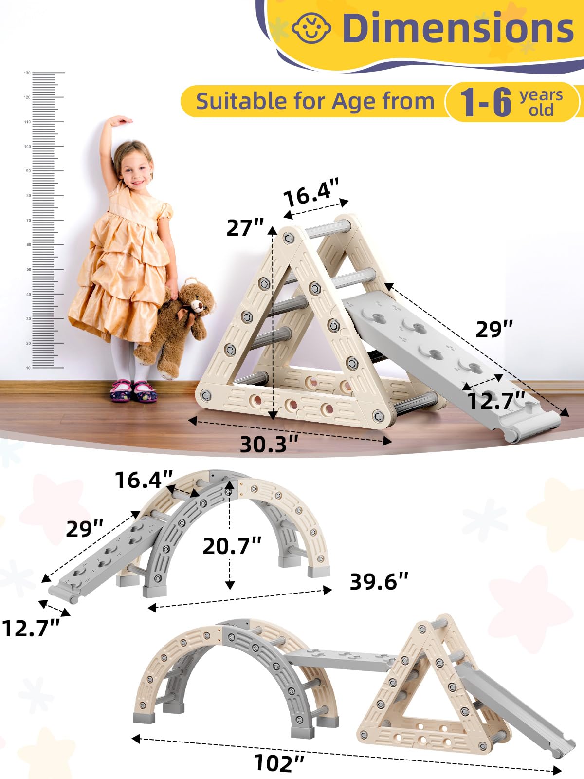 VBABY Pikler Triangle Set 9 in 1, Toddler Climbing Toys Indoor, Plastic Montessori Climbing Set, Kids Climbing Toys with Ramp, Arch & 2 Ladders, Baby Climbing Gym, White & Gray VBABY