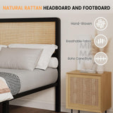 Full Size Metal Platform Bed Frame Natural Rattan Headboard, Bohemian Mattress Foundation with Strong Slats Support, No Box Spring Needed/Under Bed Storage/Non-Slip Without Noise/Easy Assembly SunnyFurn