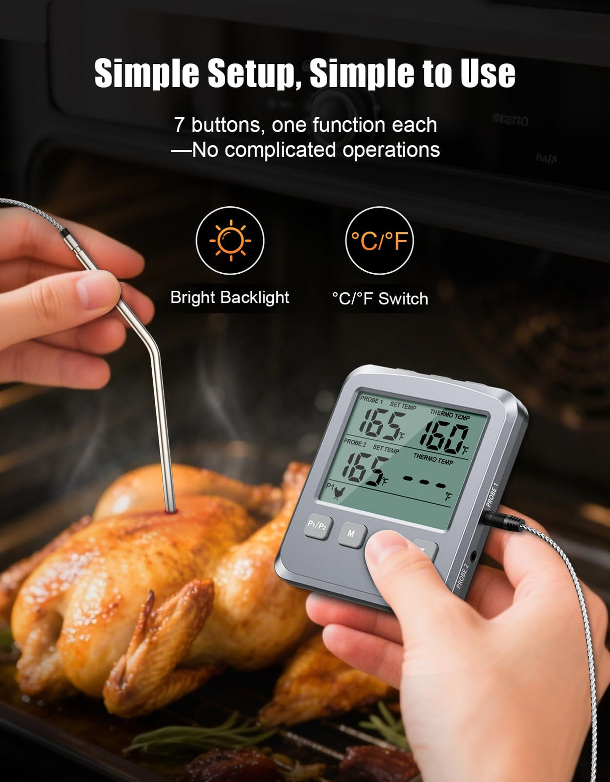Vuwwey Dual Probe Meat Thermometer Digital for Cooking, Grilling & Smoking with Large LCD Backlight & Alarm, Kitchen Food Grill Thermometer, Smoker Accessories for BBQ, Oven, Oil Fry, Gifts for Men Vuwwey