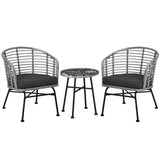 Outsunny 3 Piece Patio Bistro Set, PE Rattan Outdoor Furniture with Cushioned Barrel Chairs & Glass Coffee Table, Conversation Set for Porch, Backyard, Apartment, Balcony, Mixed Gray Outsunny