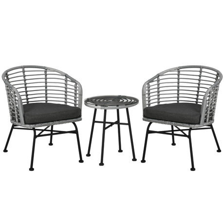 Outsunny 3 Piece Patio Bistro Set, PE Rattan Outdoor Furniture with Cushioned Barrel Chairs & Glass Coffee Table, Conversation Set for Porch, Backyard, Apartment, Balcony, Mixed Gray Outsunny