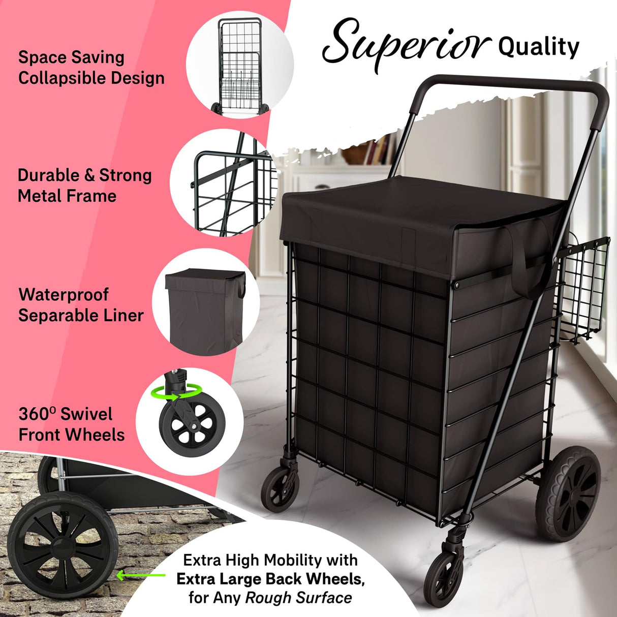 Our Modern Space Shopping Cart w/Waterproof Basket Liner & 360° Swivel Wheels | Foldable Collapsible & Lightweight | Perfect for Groceries Laundry Utility Cart - Black Our Modern Space