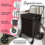 Our Modern Space Shopping Cart w/Waterproof Basket Liner & 360° Swivel Wheels | Foldable Collapsible & Lightweight | Perfect for Groceries Laundry Utility Cart - Black Our Modern Space