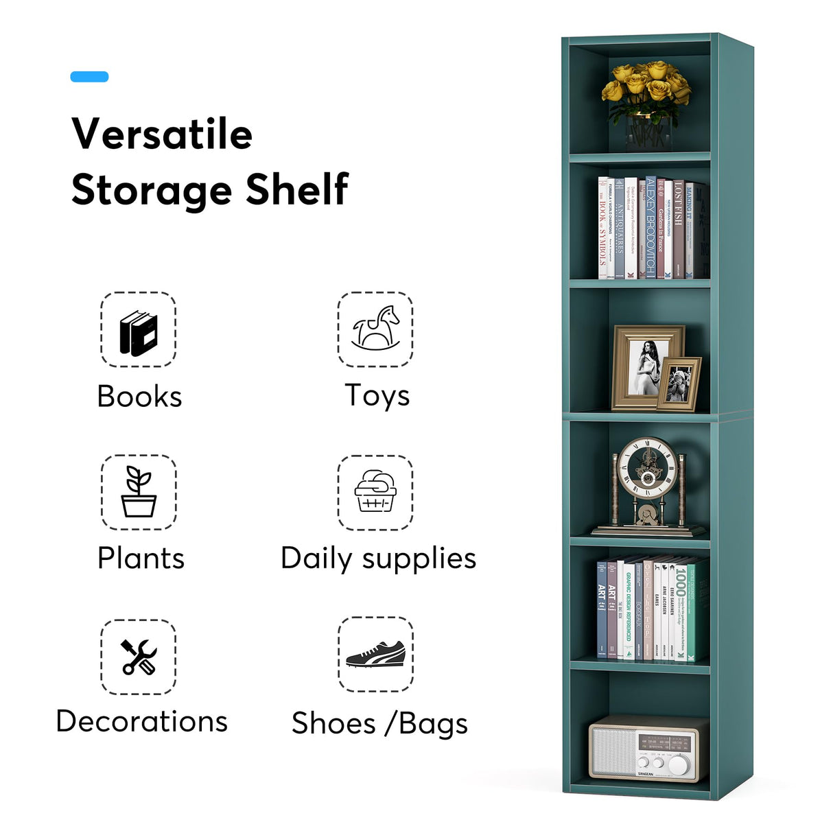 LITTLE TREE 70.9 Inch Tall Narrow Bookcase, Corner Bookshelf 6 Tier Cube Display Shelf Storage Organizer for Small Space, Blue LITTLE TREE