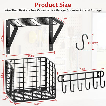 TomCare 3 Pack Garage Shelving Heavy Duty Garage Storage Shelves with Wire Baskets Laundry Room Shelves Wall Mounted Shelves with Hooks Tool Organizer for Shed Garden Kitchen Organization and Storage