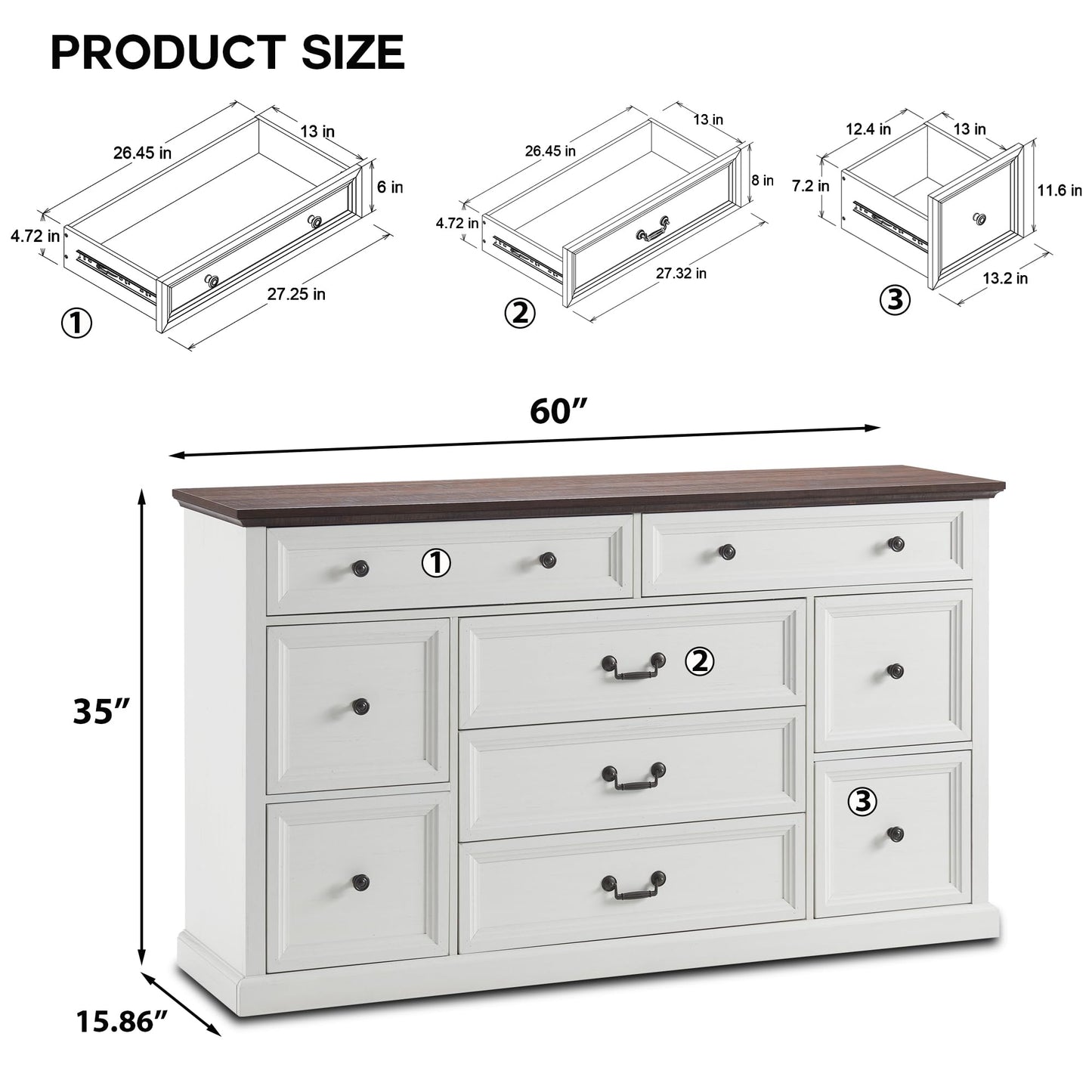 IFGET Farmhouse 9 Drawers Dresser for Bedroom, 60" Wide Wood Rustic Chest of Drawers, Large Storage Dressers Organizer for Bedroom, Living Room, Hallway, Dining Room, White - WoodArtSupply