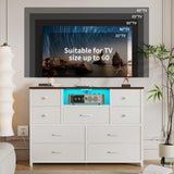 Dresser for Bedroom with 9 Drawers, White Storage Organizer TV Stand for 55" TV with LED Lights and Sockets, Fabric Chest of Drawers with PU Finish for Kid Room, Entryway, Living Room, Hallway LIWEIJIA