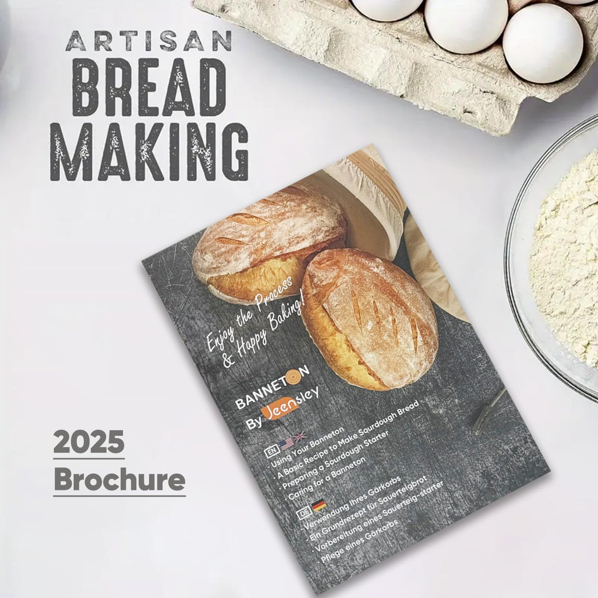 Jeensley Boxed Sourdough Bread Proofing Basket with 2025 Brochure Round Banneton Bowl with Liner and Bread Making Tools Handmade from Quality Natural Indonesian Rattan Bread Baking Supplies Jeensley