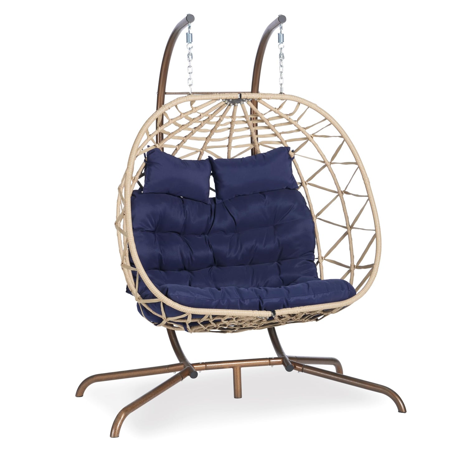 Brafab Double Rattan Swing Egg Chair with Stand, Oversized 2 Person Wicker Hanging Egg Chair for Indoor/Outdoor, Basket Hammock Chair with UV Resistant Cushion, 600 lbs Capacity, Blue