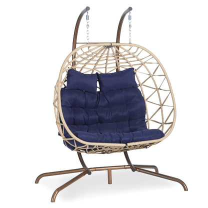 Brafab Double Rattan Swing Egg Chair with Stand, Oversized 2 Person Wicker Hanging Egg Chair for Indoor/Outdoor, Basket Hammock Chair with UV Resistant Cushion, 600 lbs Capacity, Blue