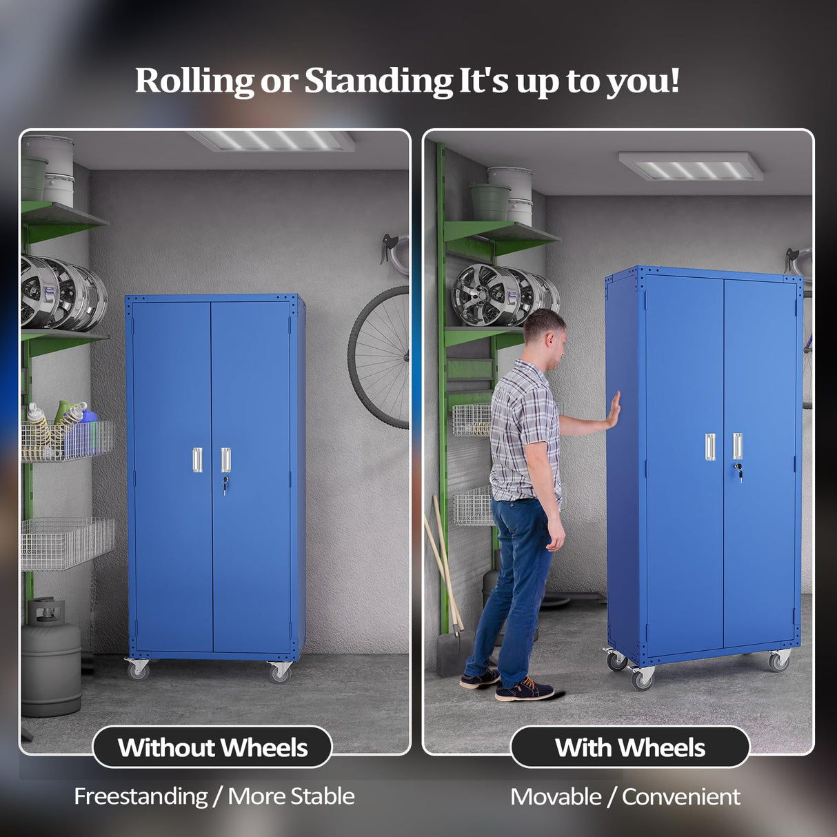 VINGLI 72'' Tall Garage Storage Cabinet, Metal Storage Cabinet with Pegboards, Wheels, Locking Doors and Adjustable Shelves (Blue, 32''W x 16''D x 72''H) VINGLI