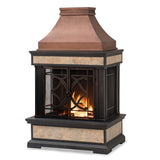 Sunjoy Outdoor Fireplace, Smith Collection Patio Wood Burning Steel Fireplace with Chimney, Spark Screen, Fire Poker, and Removable Grate, Copper with Yellow Tile Sunjoy
