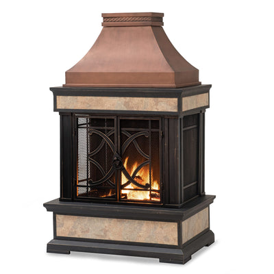 Sunjoy Outdoor Fireplace, Smith Collection Patio Wood Burning Steel Fireplace with Chimney, Spark Screen, Fire Poker, and Removable Grate, Copper with Yellow Tile