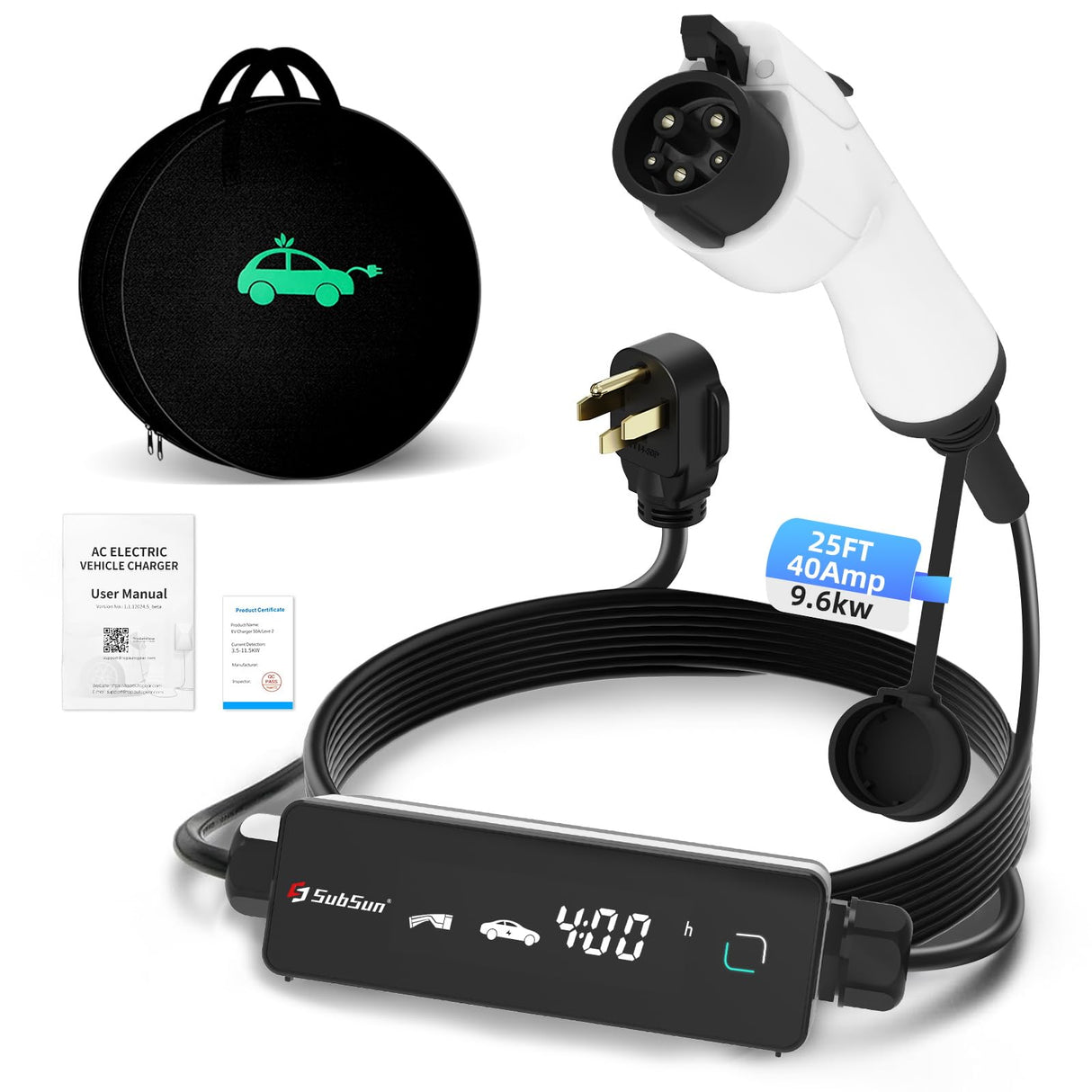 Level 2 EV Charger 40Amp 9.6kW 240V EV Charger Level 2 with Smart LED Screen, 14/24/32/40A, 8 Hours Delay Timer, 25FT Electric Car Charger with Bag NEMA 14-50P J1772 Evs SubSun