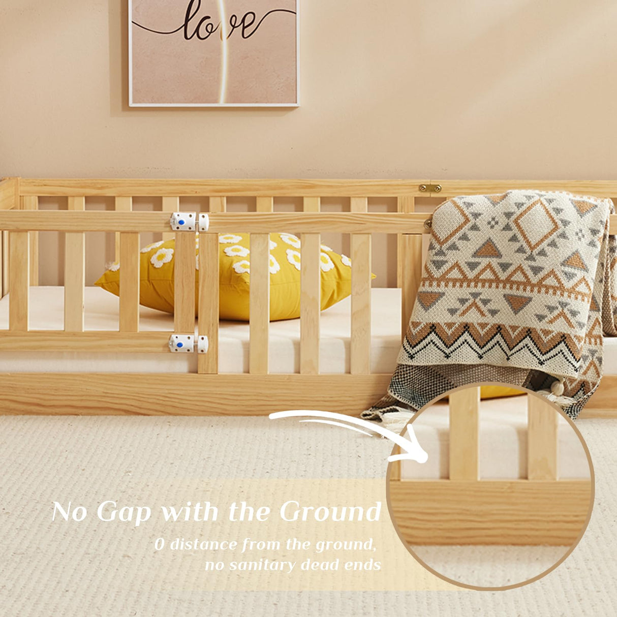 Karl home Toddler Floor Bed with Door and Fence for Kids, Montessori Bed with 12 Slats and Safety Guardrails,Kids Bed Solid Wood Twin Bed Frame for Girls, Boys (Natural) Karl home