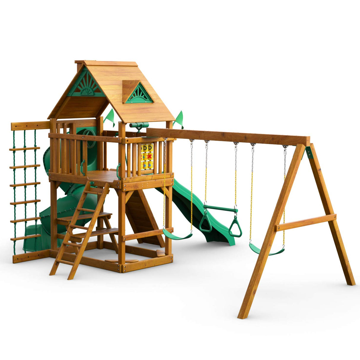 Gorilla Playsets 01-0005-AP Mountaineer Wooden Swing Set with Two Slides & Wood Roof, Brown Gorilla Playsets