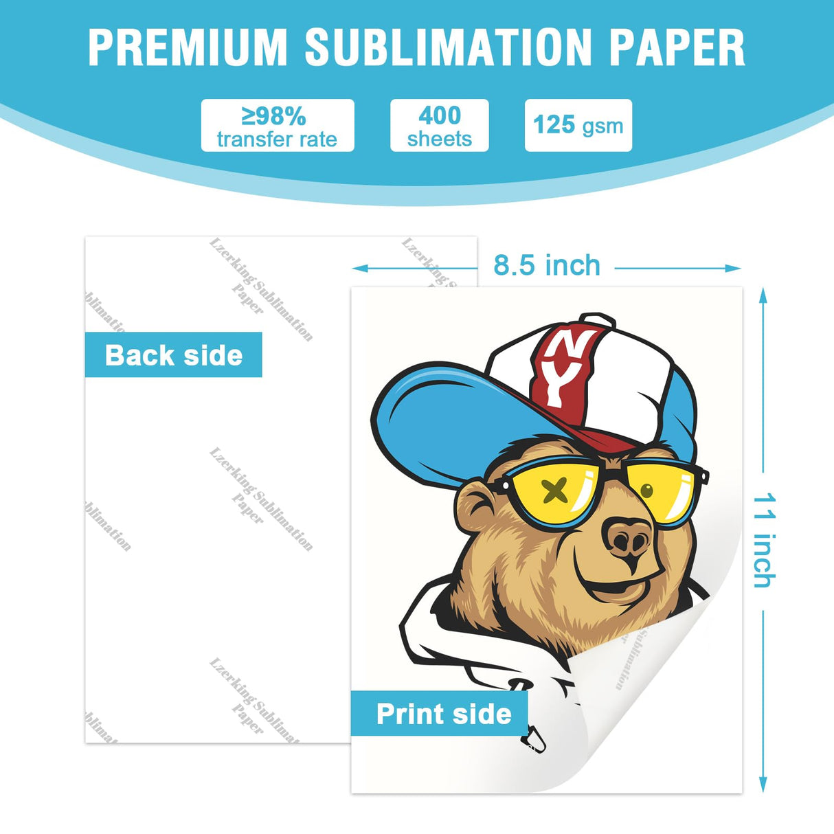 Lzerking Sublimation Paper 8.5x11 Inch 125gsm 400 Sheets, Heat Transfer Paper for Inkjet Printers - Ideal for Various Coatings, DIY Projects, T-Shirts, Phone Cases, Mugs Lzerking