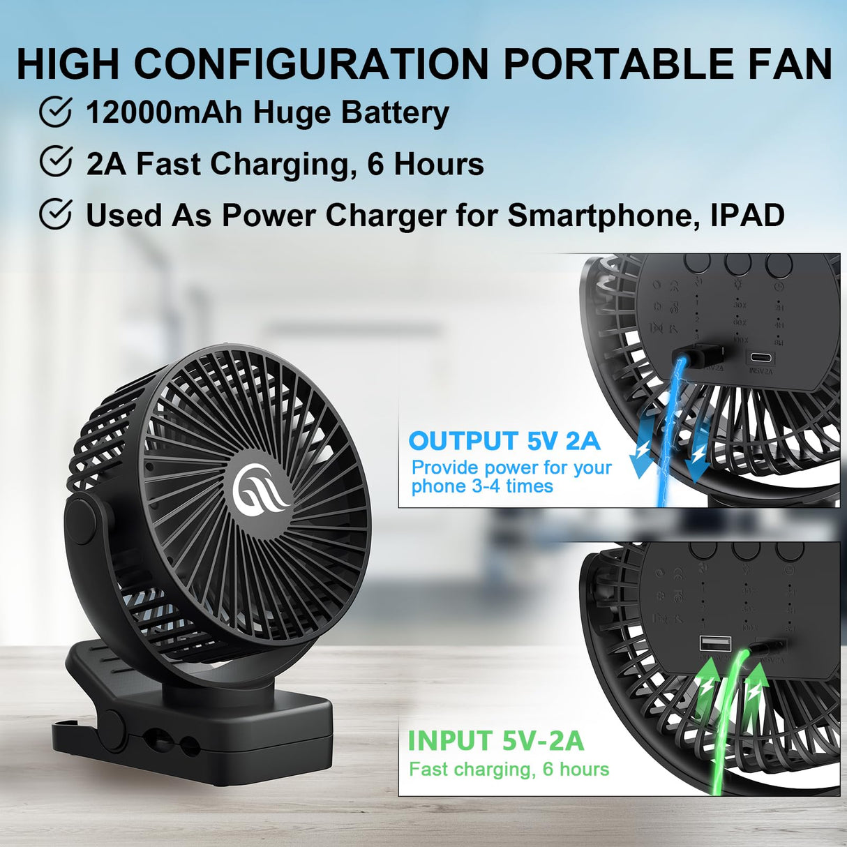 Portable Fan with Remote Control & Timer & LED Lights, 60hrs 12000mAh USB Rechargeable Battery Fan Could Clamp/Hanging/Stand Up, Small Clip on Fan for Baby Stroller, Bed, Desk, Camping Tent, Travel OUTERFAN