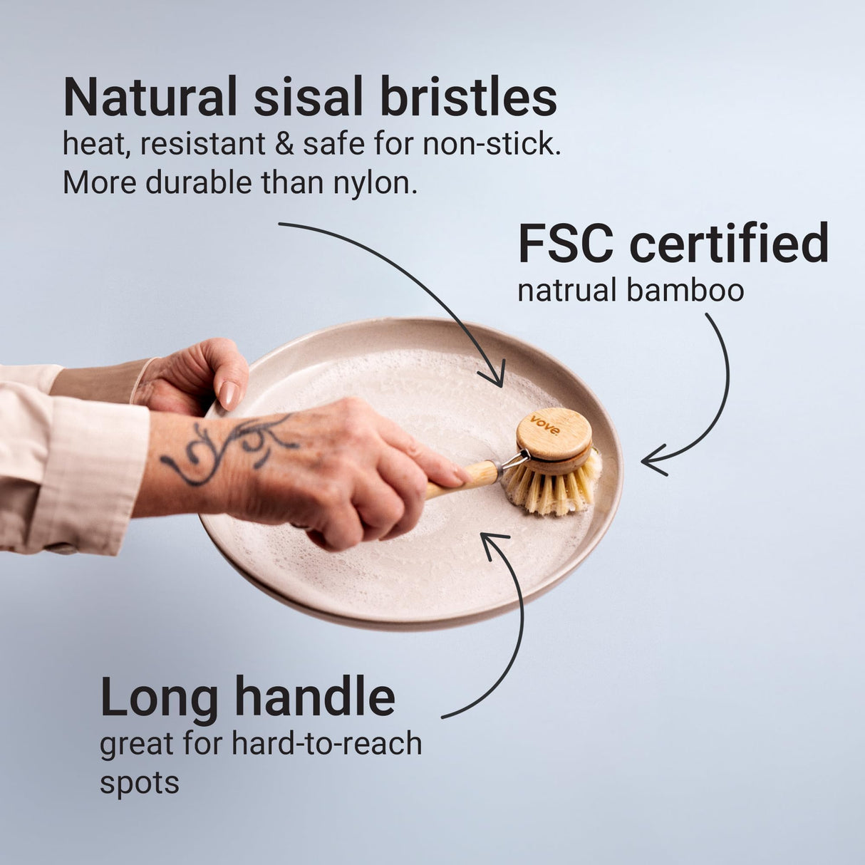 Vove | Bamboo Dish Brush | Long Lasting Brush with 3 Replacement Heads | Natural Bristle | Eco-Friendly | Wooden Dish Brush for Washing and Cleaning Pot Pan Dish Bowl | Vove