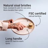 Vove | Bamboo Dish Brush | Long Lasting Brush with 3 Replacement Heads | Natural Bristle | Eco-Friendly | Wooden Dish Brush for Washing and Cleaning Pot Pan Dish Bowl | Vove