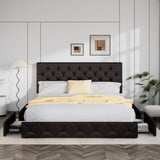Allewie Upholstered King Size Platform Bed Frame with 4 Storage Drawers and Headboard, Diamond Stitched Button Tufted, Mattress Foundation with Wooden Slats Support, Black Brown Allewie