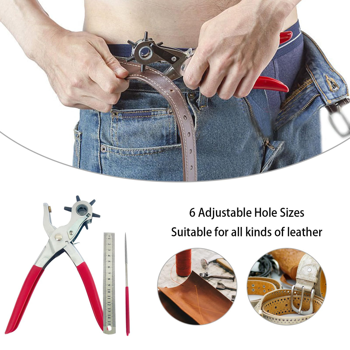 Adorox Heavy Duty Belt Hole Puncher for Leather – 6 Size Revolving Leather Hole Punch Tool with Ruler & Deburring File, Perfect for Belts, Straps, DIY Leathercraft, and Repair Adorox