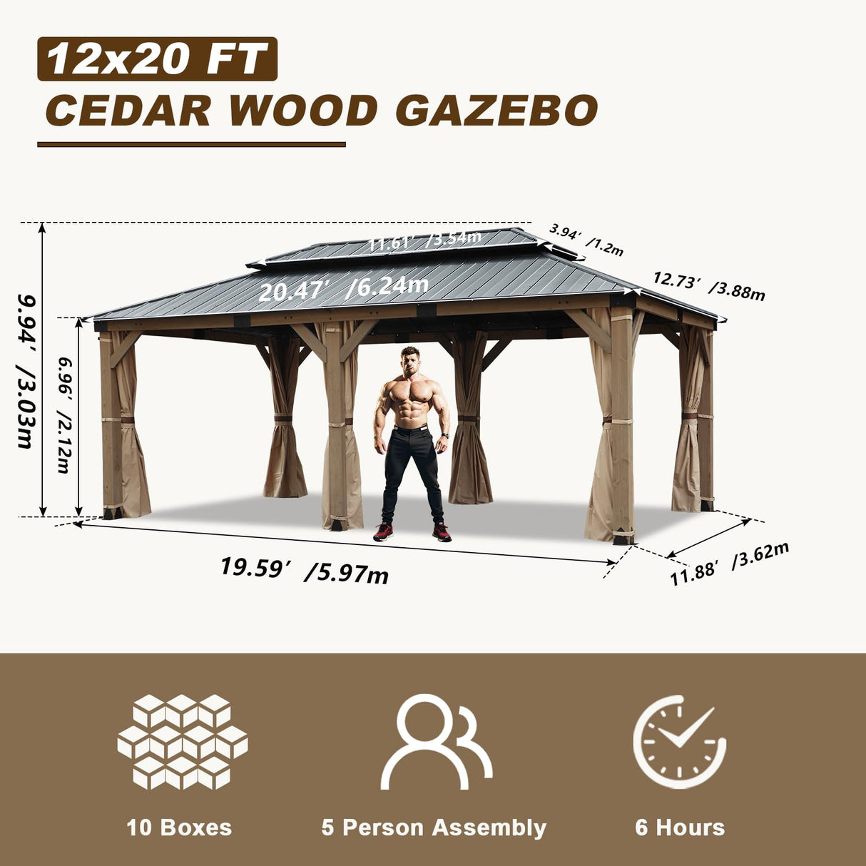 CHARMELEON 12'x20' Cedar Wood Gazebo Hardtop - Wooden Gazebos with Dual Metal Roof - Permanent Outdoor Gazebo - Large All Weather Patio Gazebo for Backyard, Deck & Garden - with Curtains & Netting CHARMELEON