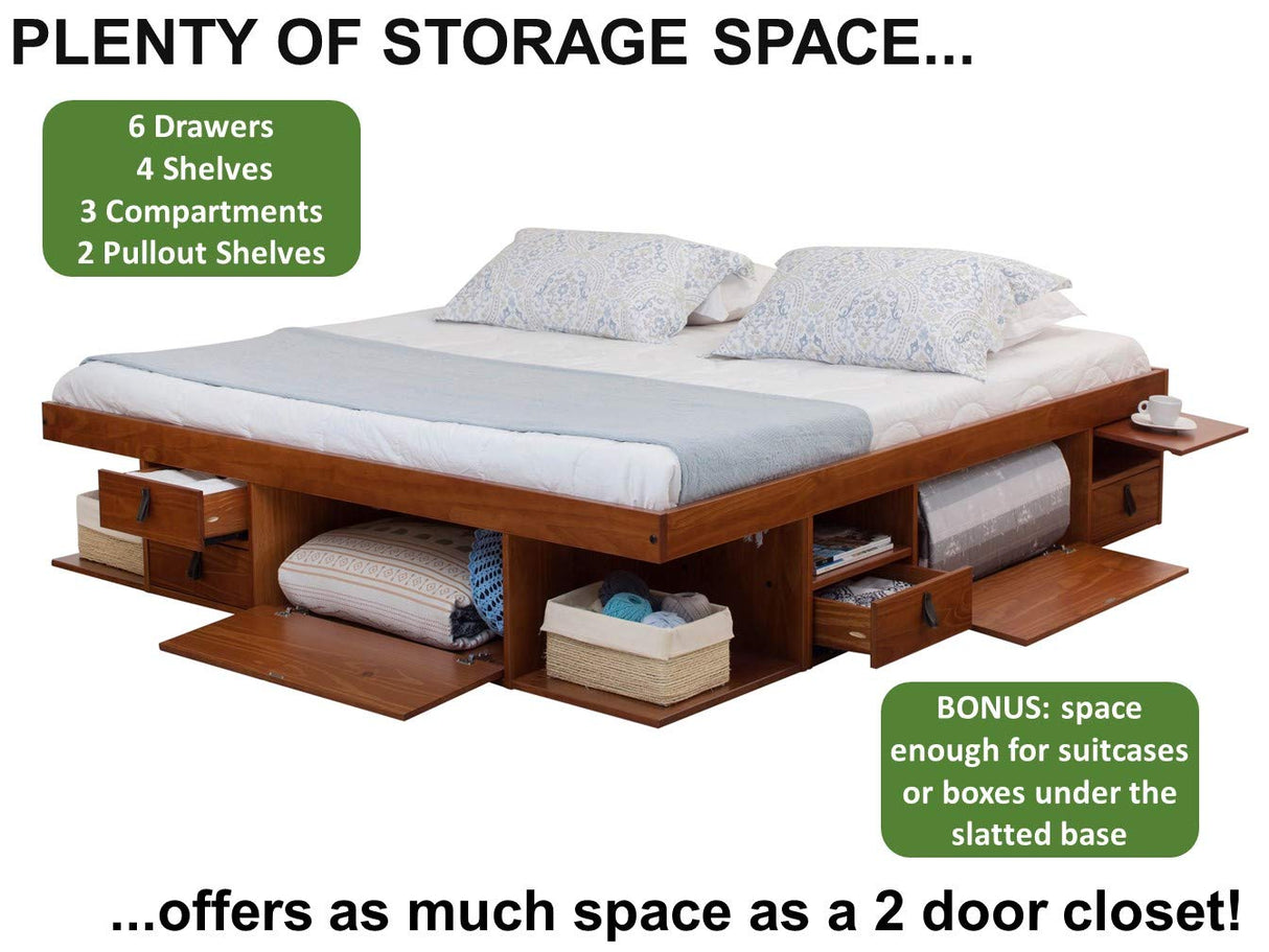 Bali Storage Platform Bed with Drawers in Caramel Brown Wood - King Size memomad