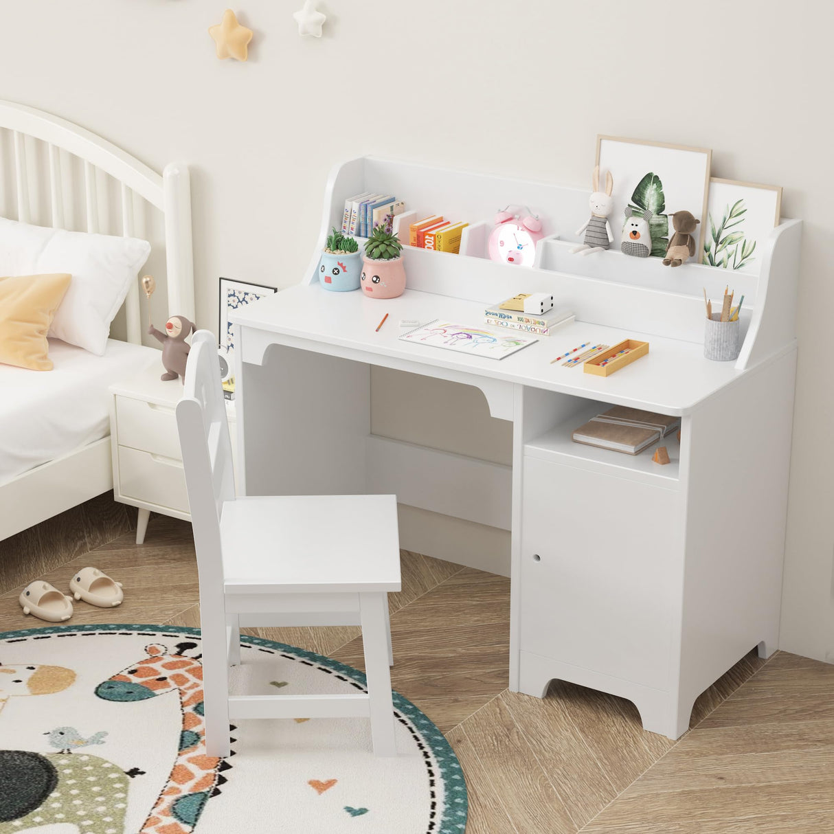 JoanKaren White Kids Desk with Chair, Study Desk for Boys Girls with Hutch, Storage Cabinet, Wooden Children Study Table, Student Writing Desk Computer Workstation for Kids Bedroom & Study Room,White JoanKaren