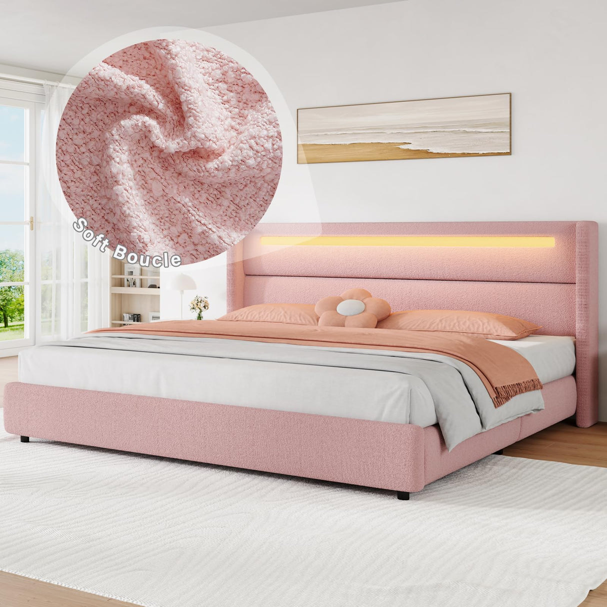 HOMBCK King Size Bed Frame with Headboard and LED Lights, Boucle Upholstered Platform Bed with Wingback Design, Modern Soft Bed Frame, No Box Spring Needed, Easy Assembly, Pink HOMBCK