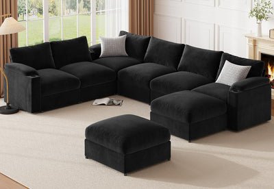 HOMYHOMEY Modular Sectional Sofa Couch for Living Room Velvet Couches Oversized U Shaped Convertible Sleeper Sofa Chaise Detachable Armrest Cushion Washable Cover Cup Holder (Black, 8 Seats)