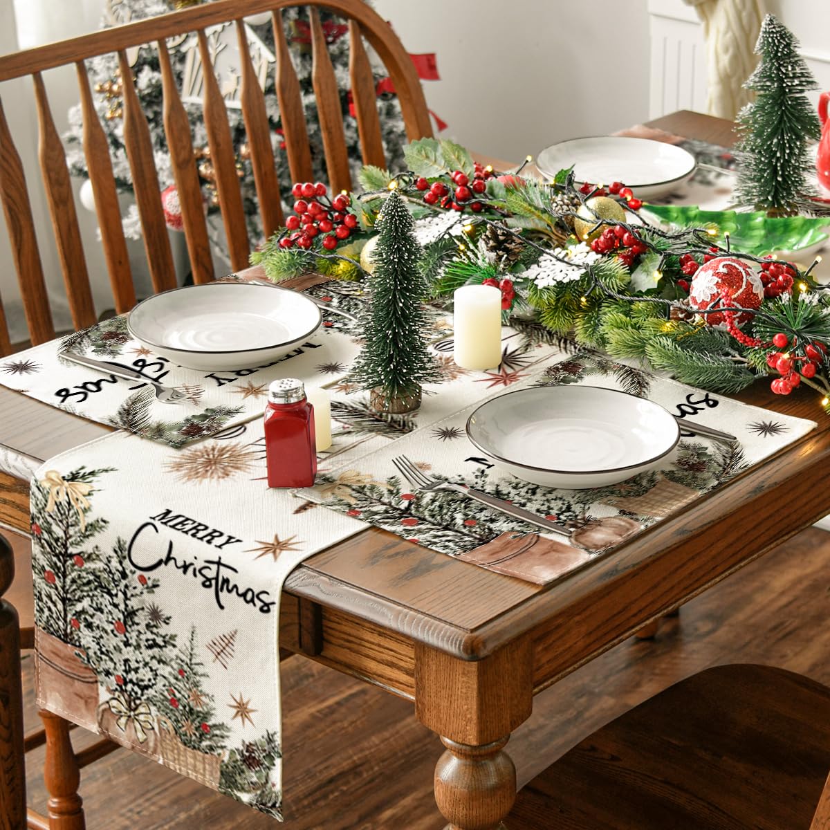 Artoid Mode Xmas Trees Holly Pine Cone Merry Christmas Placemats Set of 6, 12x18 Inch Seasonal Winter Holiday Table Mats for Party Kitchen Dining Decoration Artoid Mode