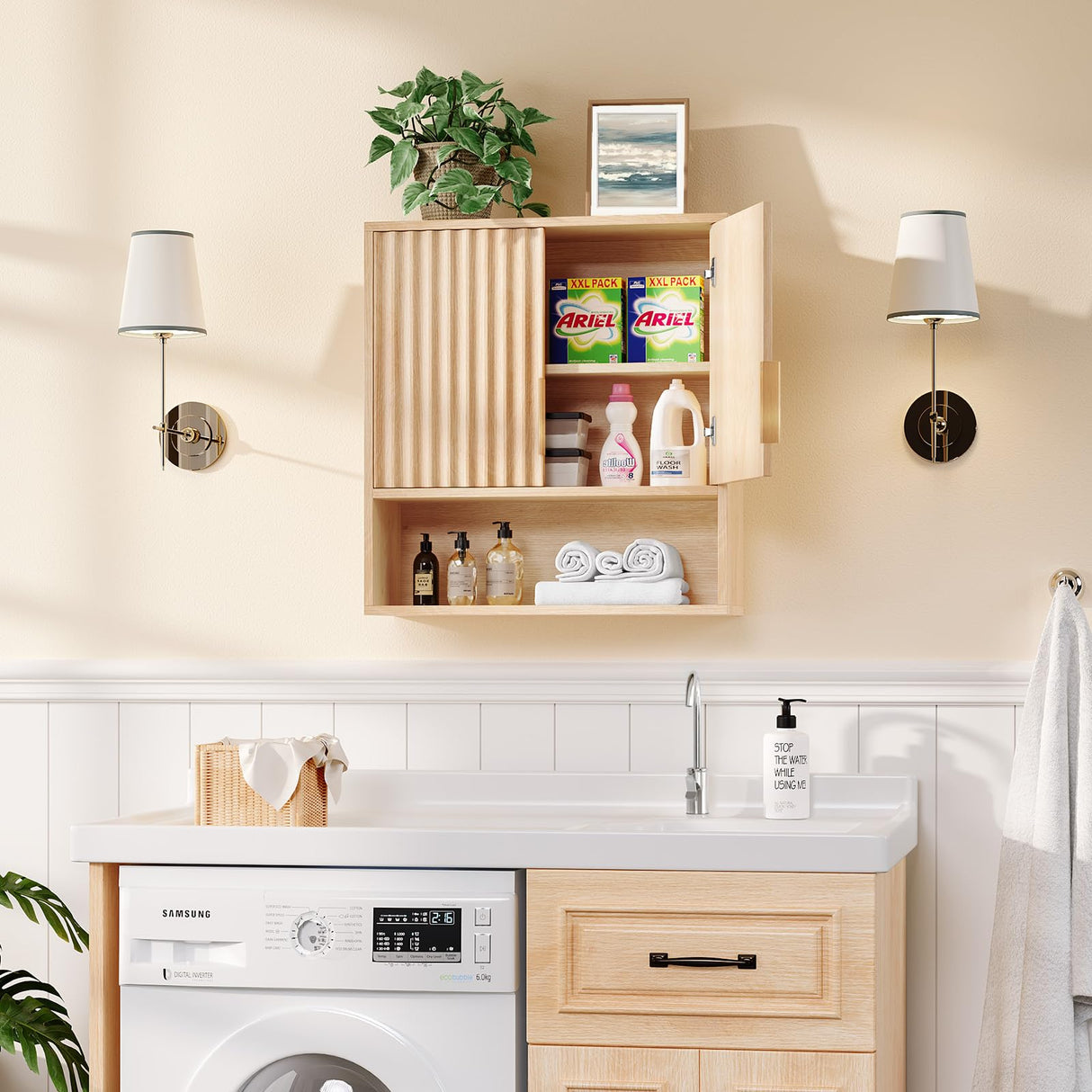 VINGLI Fluted Modern Medicine Cabinet,Bathroom Wall Cabinet Over Toilet Storage, Upper Floating Countertop Storage for Bathroom, Laundry Room,Small Hanging Kitchen Wall Cabinets (Natural Oak Color) VINGLI