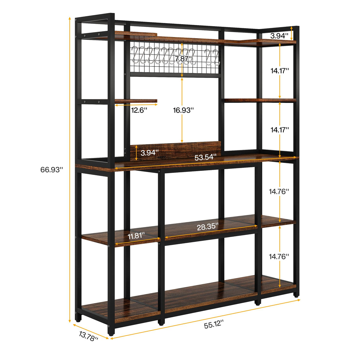 Tribesigns Kitchen Bakers Rack, 5-Tier Microwave Stand with Metal Frame, 55" Wide Kitchen Storage Shelf, Large Coffee Bar Station Baker's Rack with 11 Hooks, Rustic Brown Tribesigns