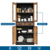 PEUKC Kitchen Pantry Cabinet, 71" Freestanding Kitchen Pantry Storage Cabinet with Drawer and Adjustable Shelves, Metal Tall Pantry Cabinet Cupborad with Glasses Doors, Wood Color PEUKC