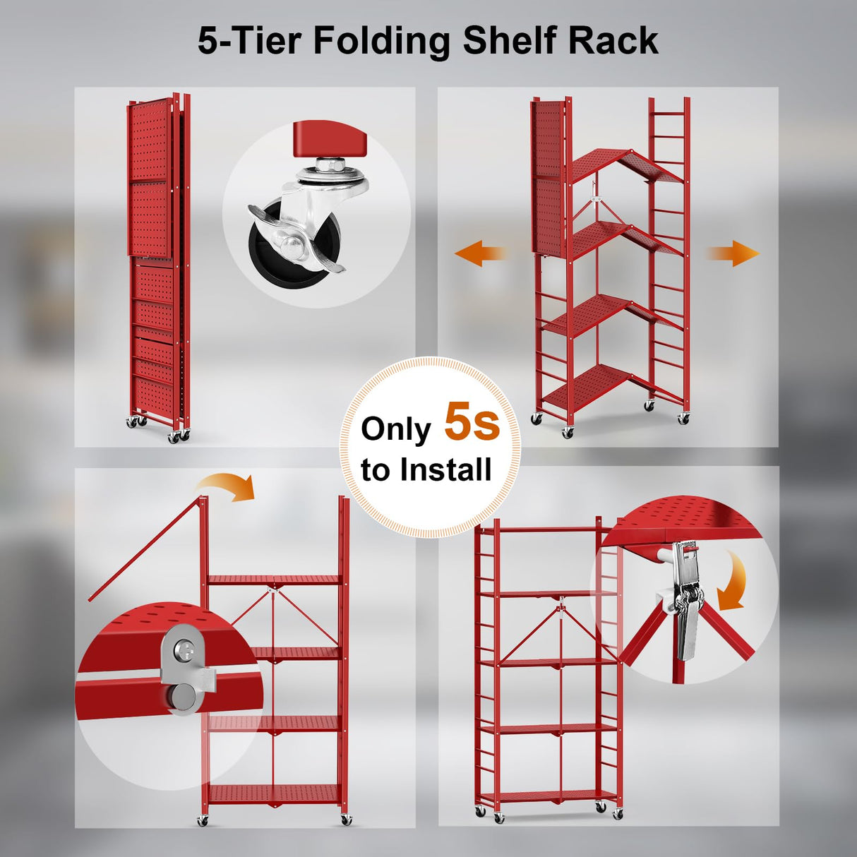 Storage Shelves with 20 Hooks, 5-Tier Foldable Shelves for Storage, Folding Utility Shelf Unit Pantry Shelves with Wheels, Metal Shelving Unit Rack for Kitchen Garage Home Office Room - No Assembly Himix