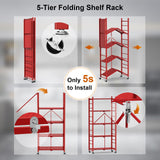 Storage Shelves with 20 Hooks, 5-Tier Foldable Shelves for Storage, Folding Utility Shelf Unit Pantry Shelves with Wheels, Metal Shelving Unit Rack for Kitchen Garage Home Office Room - No Assembly Himix