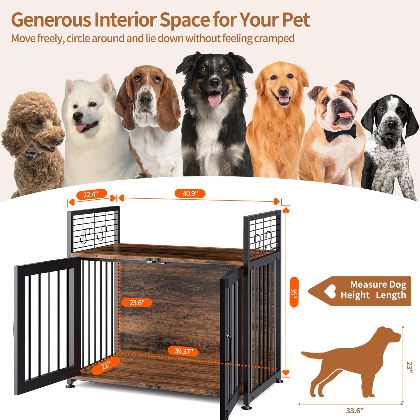 Wooden Dog Crate Furniture Large/Medium Dog, Dog Kennel Furniture Large Breed, Indoor Dog Cage Furniture Style with 2 Doors, End Table Dog Crate for 50-70 lbs Dogs (41" W x 23.2" D x 35.6" H) - WoodArtSupply