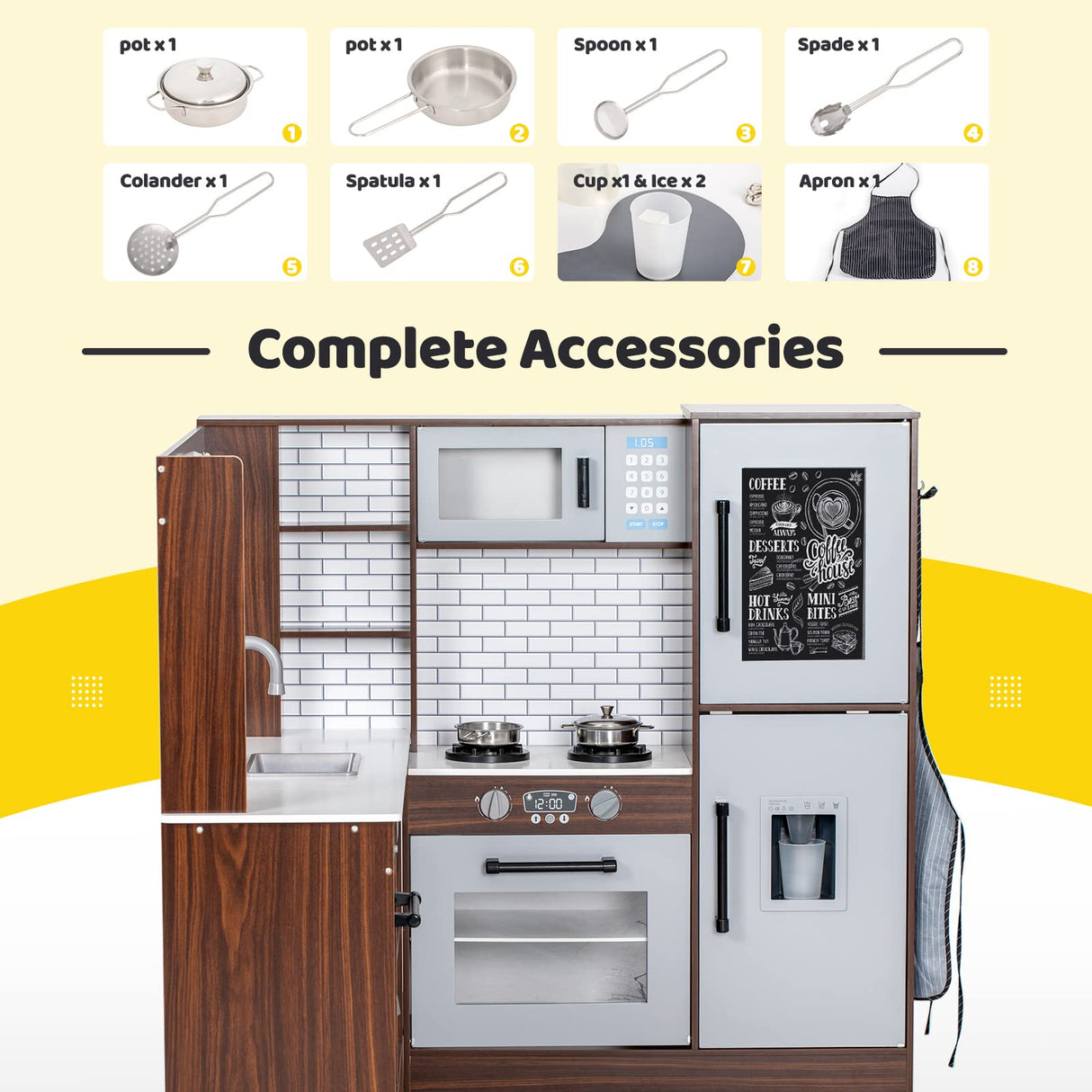 BRINJOY Corner Play Kitchen for Kids, Wooden Toddler Kitchen Playset w/Faucet, Sink, Microwave, Oven, Apron, Blackboard, Storage Cabinets, Pretend Cooking Toys w/Sound & Light Gift for Ages 3+ BRINJOY