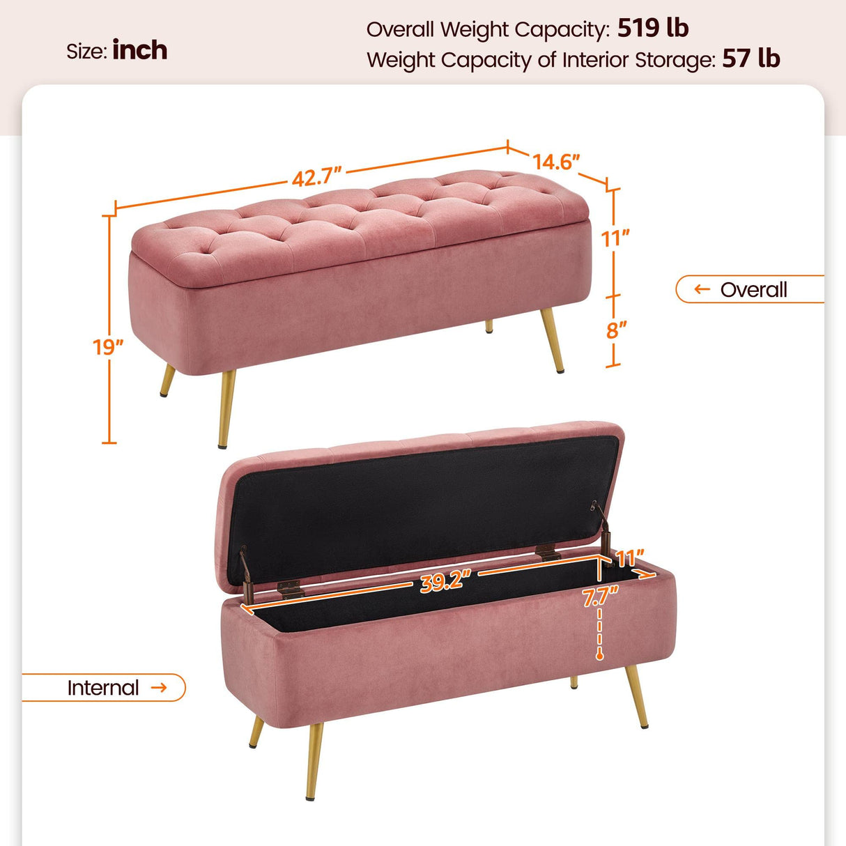 Yaheetech 42 Inches Ottoman with Floding Velvet Storage Bench Foot Stool for Living Room, Bedroom, Entryway Pink Yaheetech