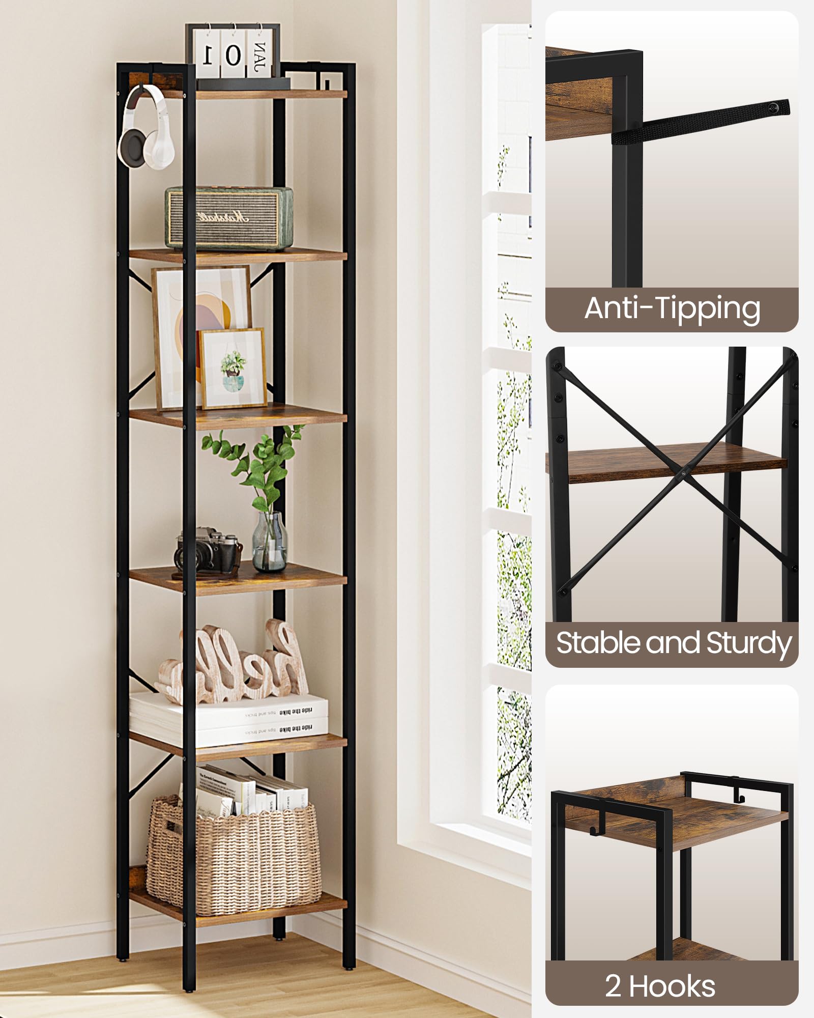 Hzuaneri 6-Tier Rustic Brown Industrial Bookshelf with Hooks for Space-Saving Storage - WoodArtSupply