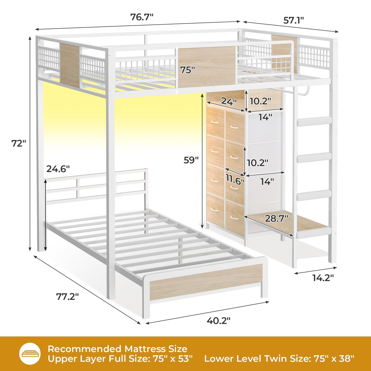 ADORNEVE Full Over Twin Bunk Bed with 8 Storage Drawers, Metal Loft Bed with Led Lights & Storage Shelves, Bunk Beds Twin over Full Size with 13.4" H Safety Guardrail & Ladder, for Kids & Teens, White ADORNEVE