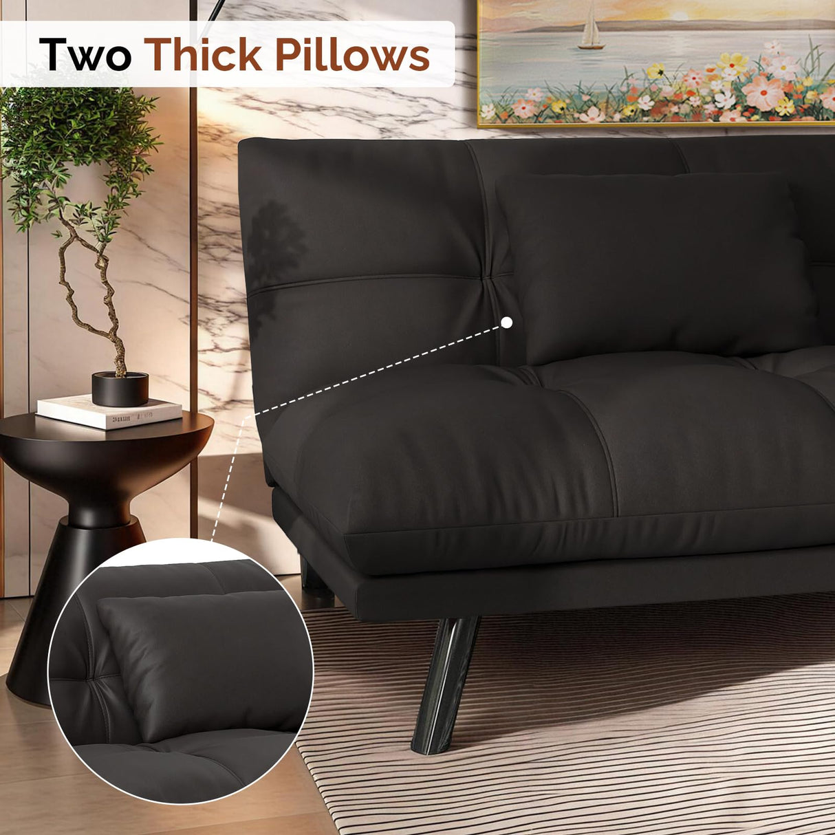 Futon Sofa Bed Convertible Solid Wood Couch Water-Resistant Fabric with 2 Cushions for Living Room Sofa Bed (Light Black) homeokay