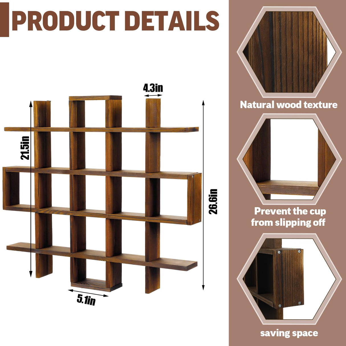 Suzile Rustic Brown Oversize Coffee Mug Display Rack Wooden Display Shelves Rustic Wooden Floating Curio Shelf Travel Mug Shelf Wall Mounted Coffee Suzile