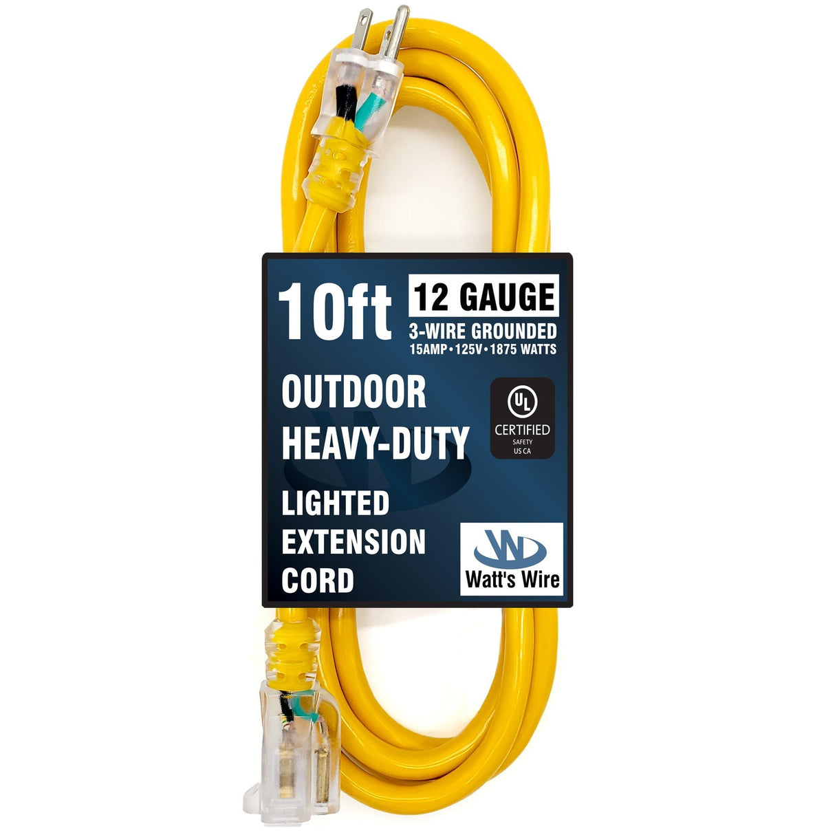 10 ft - 12 Gauge Heavy Duty Extension Cord - Lighted SJTW - Indoor/Outdoor Extension Cord by Watt's Wire - 10' 12-Gauge Grounded 15 Amp Extension Cord Splitter Watt's Wire