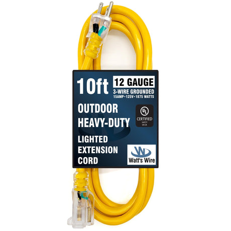 10 ft - 12 Gauge Heavy Duty Extension Cord - Lighted SJTW - Indoor/Outdoor Extension Cord by Watt's Wire - 10' 12-Gauge Grounded 15 Amp Extension Cord Splitter Watt's Wire