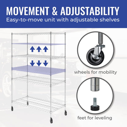 SafeRacks NSF Certified Storage Shelves, Heavy Duty Steel Wire Shelving Unit with Wheels and Adjustable Feet, Used as Pantry Shelf, Garage or Bakers Rack Kitchen Shelving - (24"x48"x72" 4-Tier)