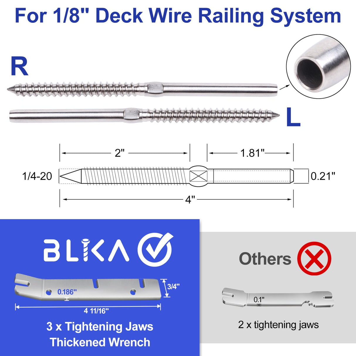 BLIKA 80 Pack T316 Stainless Steel Right&Left Handed Thread Swage Lag Screws for Wood Posts of 1/8" Stair Cable Railing Kit, Cable Railing Hardware with Wrench, DIY Wood Baluster BLIKA
