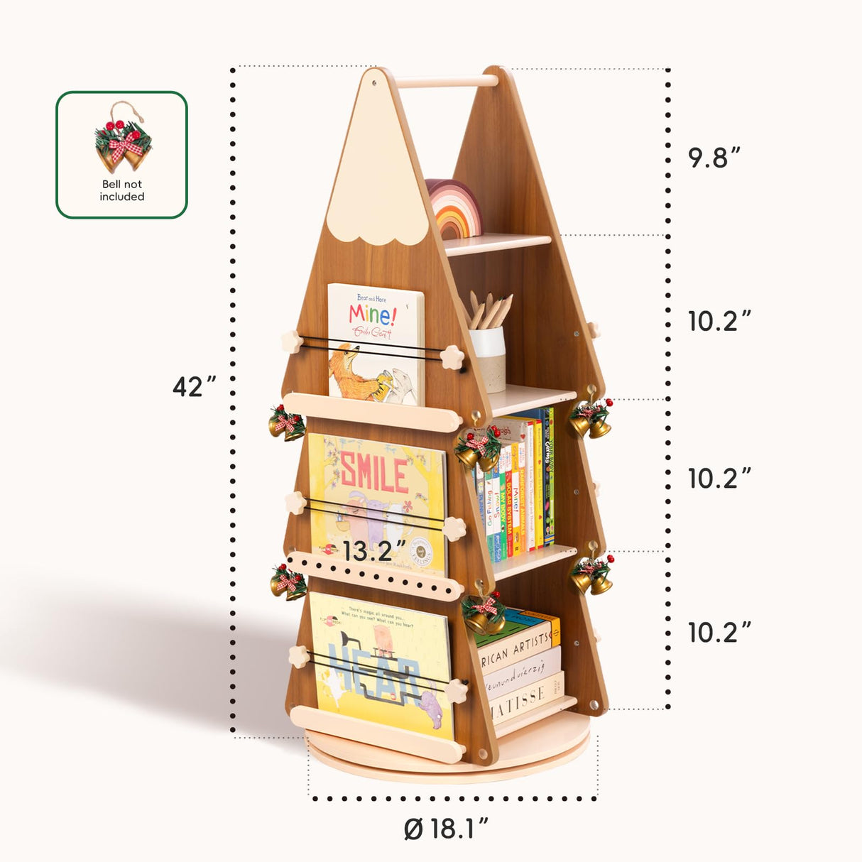 OOOK Solid Wood Rotating Bookshelf Tower 4 Tier, 360°Display Floor Standing Spinning Bookshelf Tower, Small Corner Bookcase for Small Spaces, Kids Tree Book Shelf for Kids Rooms, Classroom, Nursery OOOK