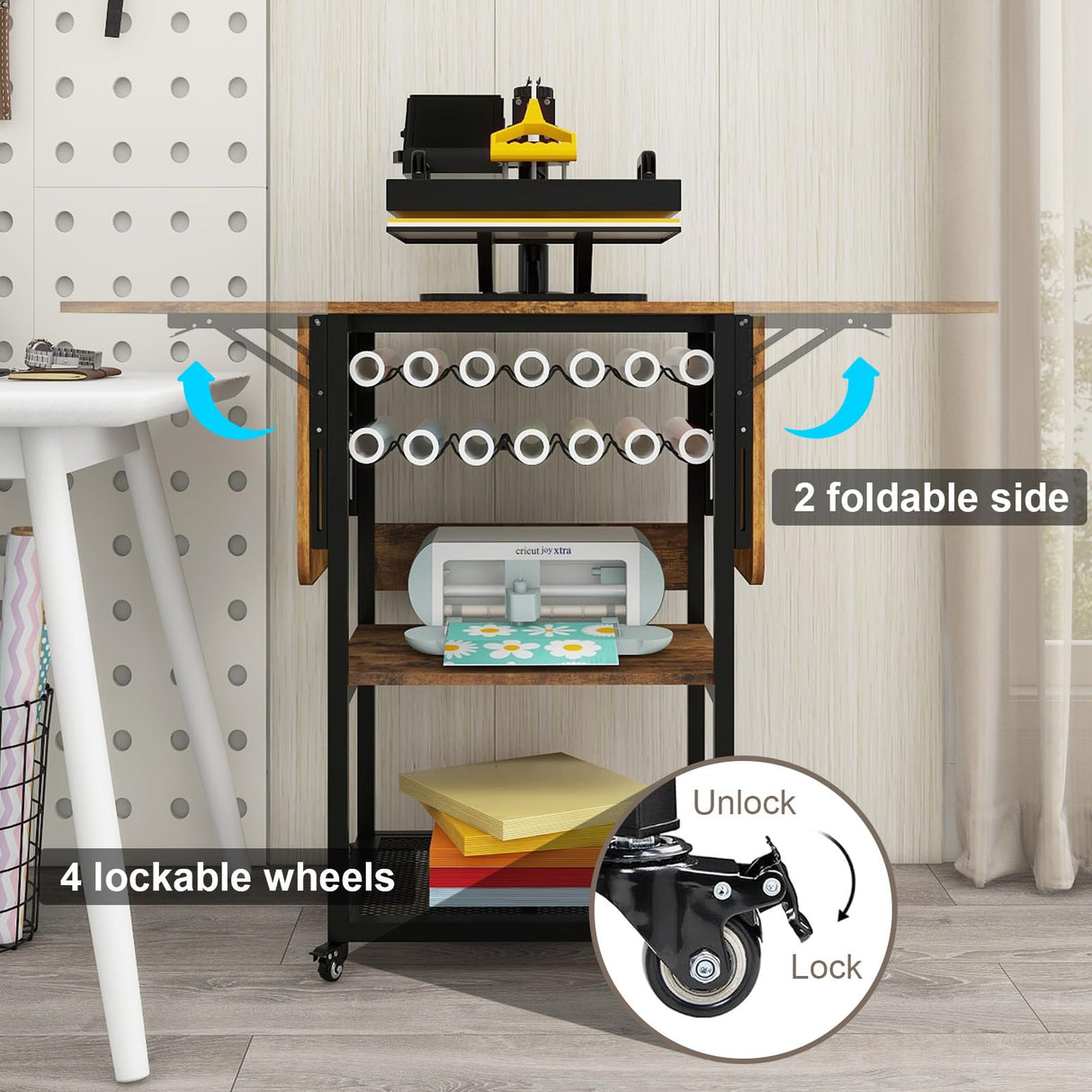 PUNCIA 3 Tier Movable Heat Press Table with Vinyl Roll Holder, Heat Transfer Stand with Folding Shelf,Heavy Duty Rolling Workbench for DIY Sublimation Transfer Machine,Heat Press Cart,Craft Table PUNCIA